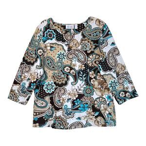 DENIM & CO Women's M Top Paisley Brown Turquoise 3/4 Sleeve Cotton Blend 40"